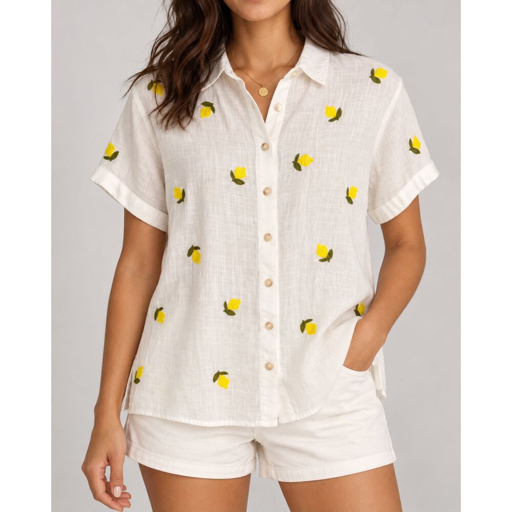 Maeve Anthropologie Lemon Embroidered Cotton Shirt XS White Coastal Cottagecore